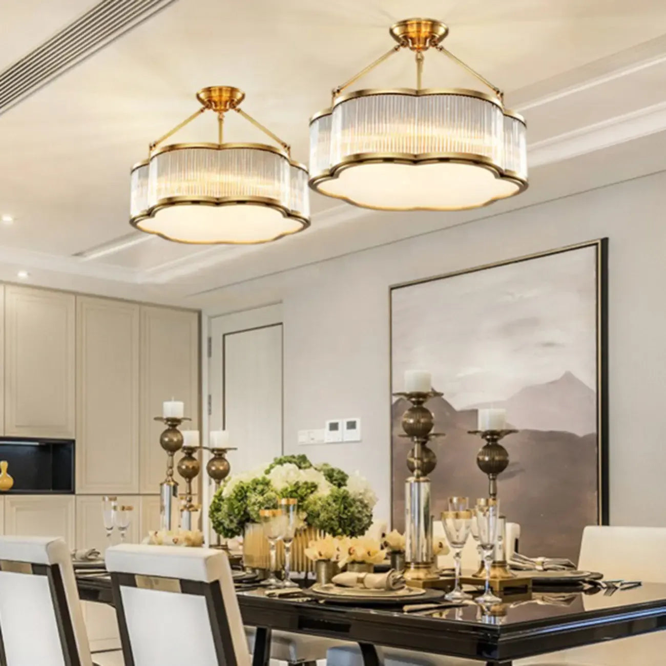 Vintage Floral Glass Drum Shade Golden Semi Flush Ceiling Light