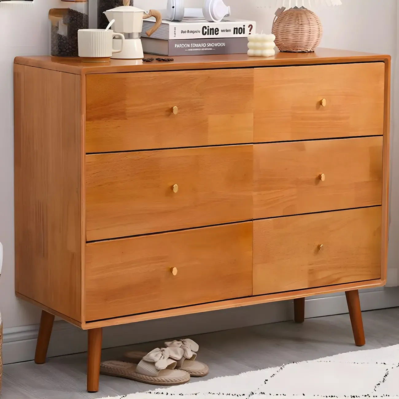 Retro Natural Wood Combo Dresser with Cabinets and Shelves