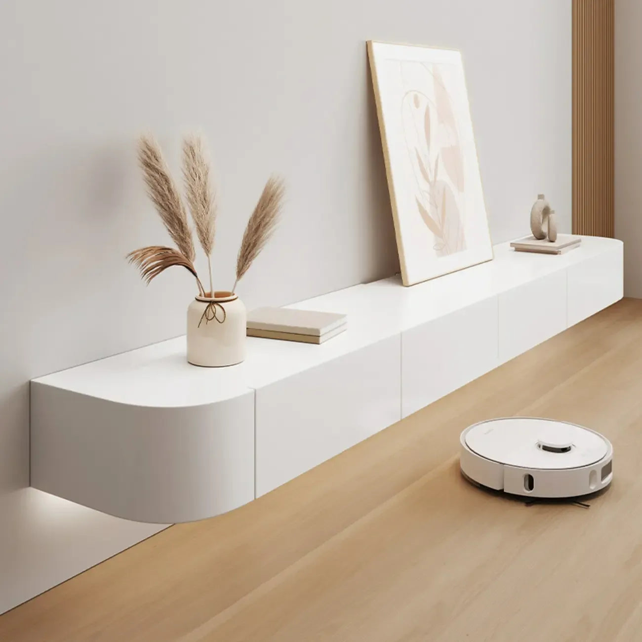 Rectangle White Solid Wood Floating TV Stand with Storage