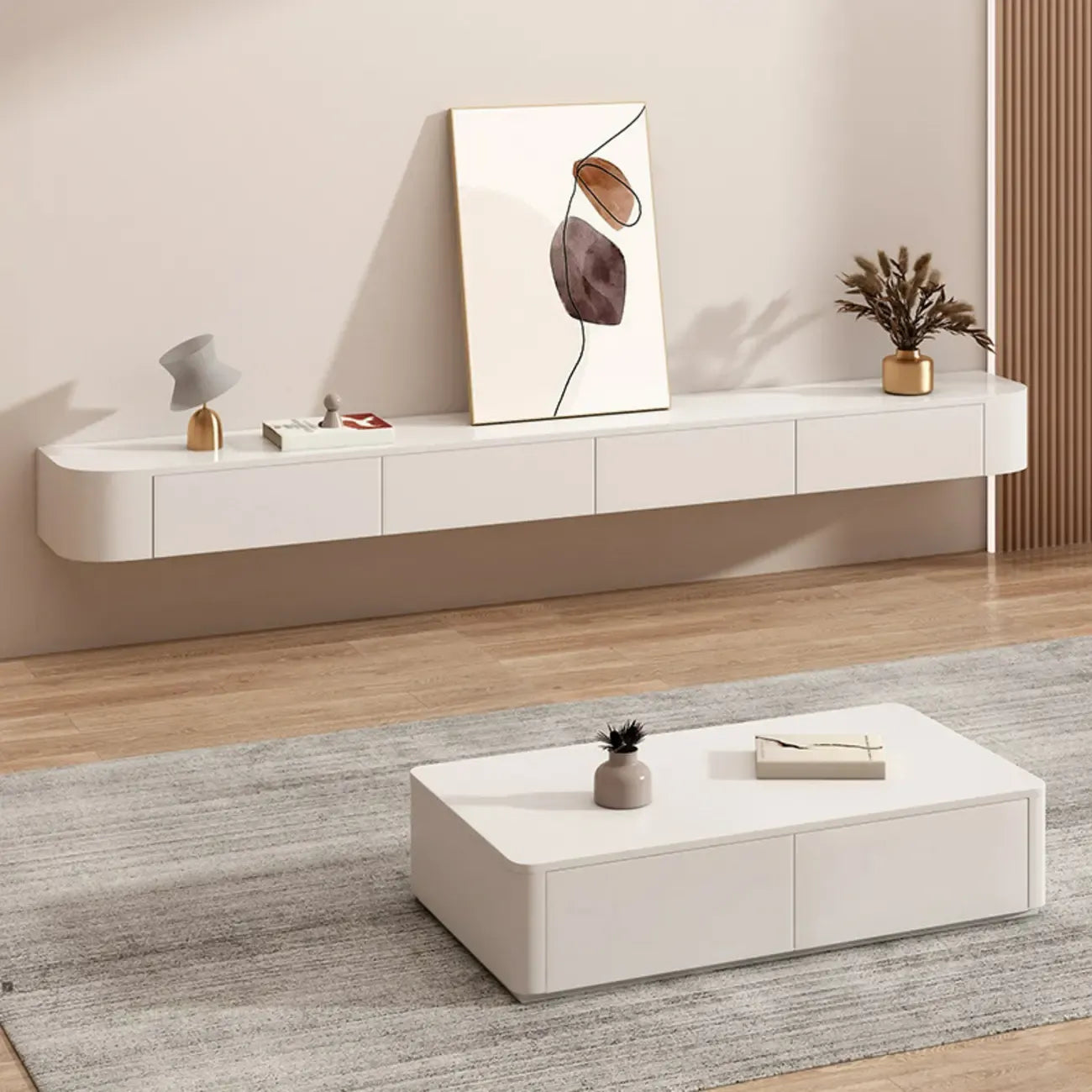 Rectangle White Solid Wood Floating TV Stand with Storage