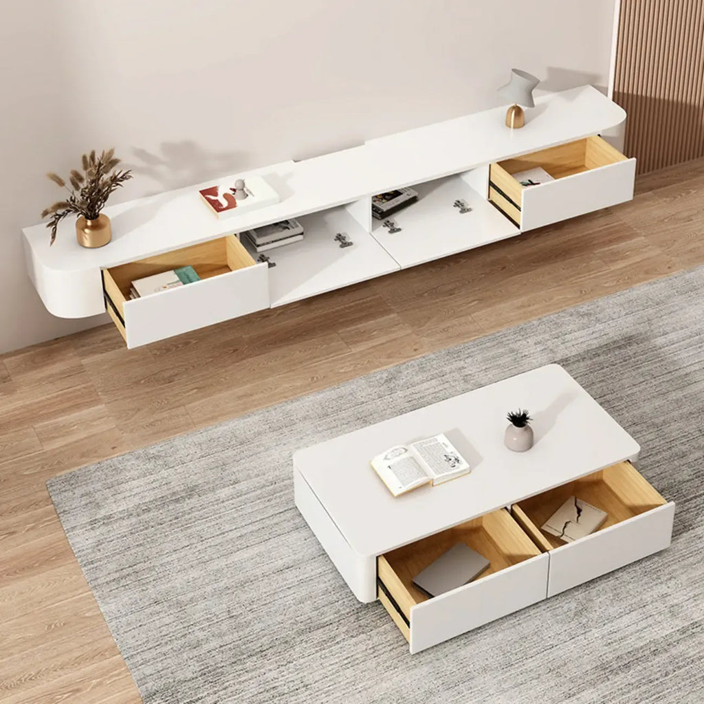 Rectangle White Solid Wood Floating TV Stand with Storage