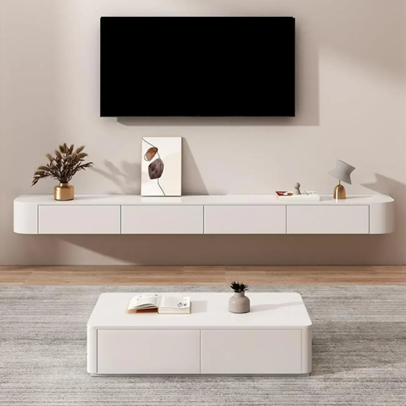 Rectangle White Solid Wood Floating TV Stand with Storage
