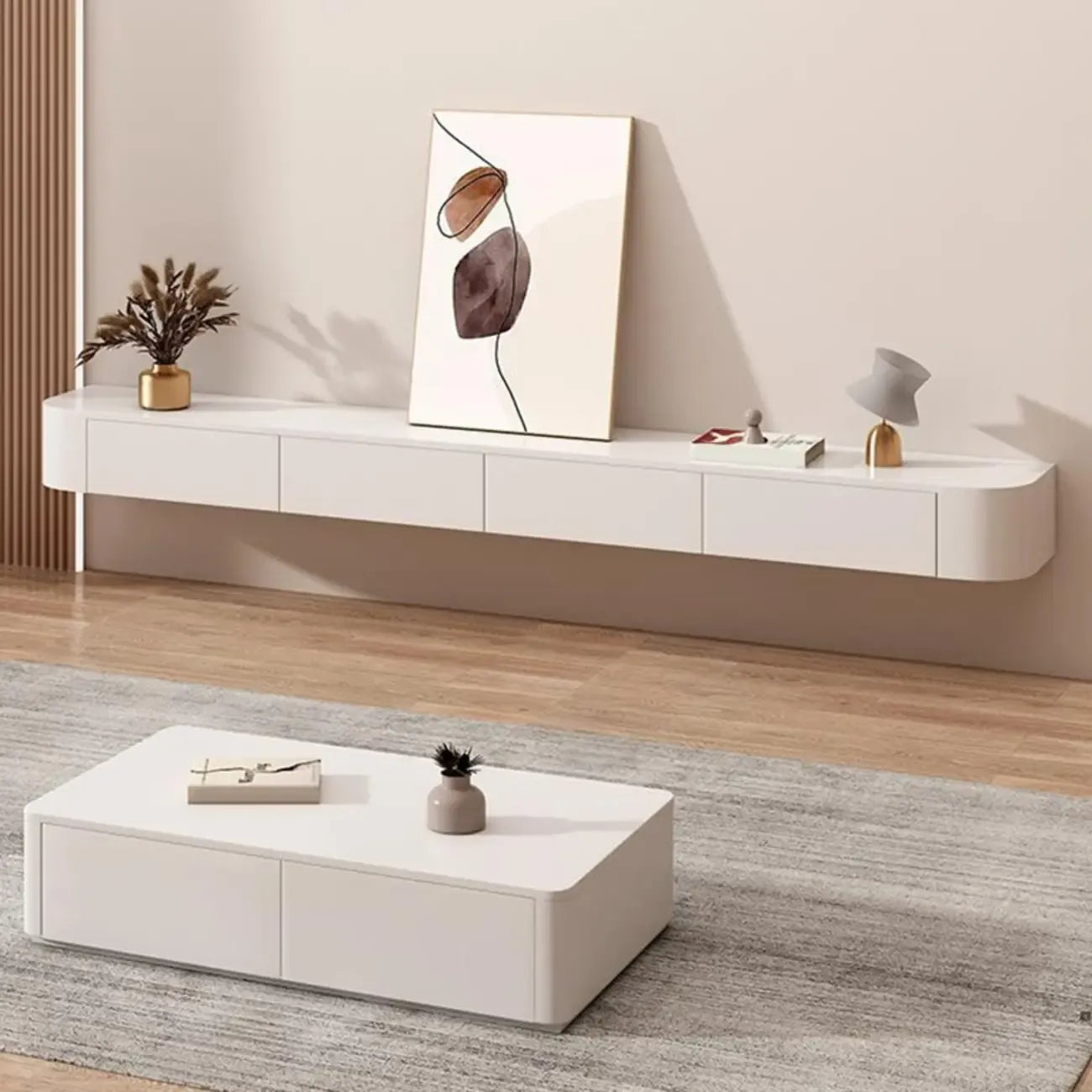 Rectangle White Solid Wood Floating TV Stand with Storage