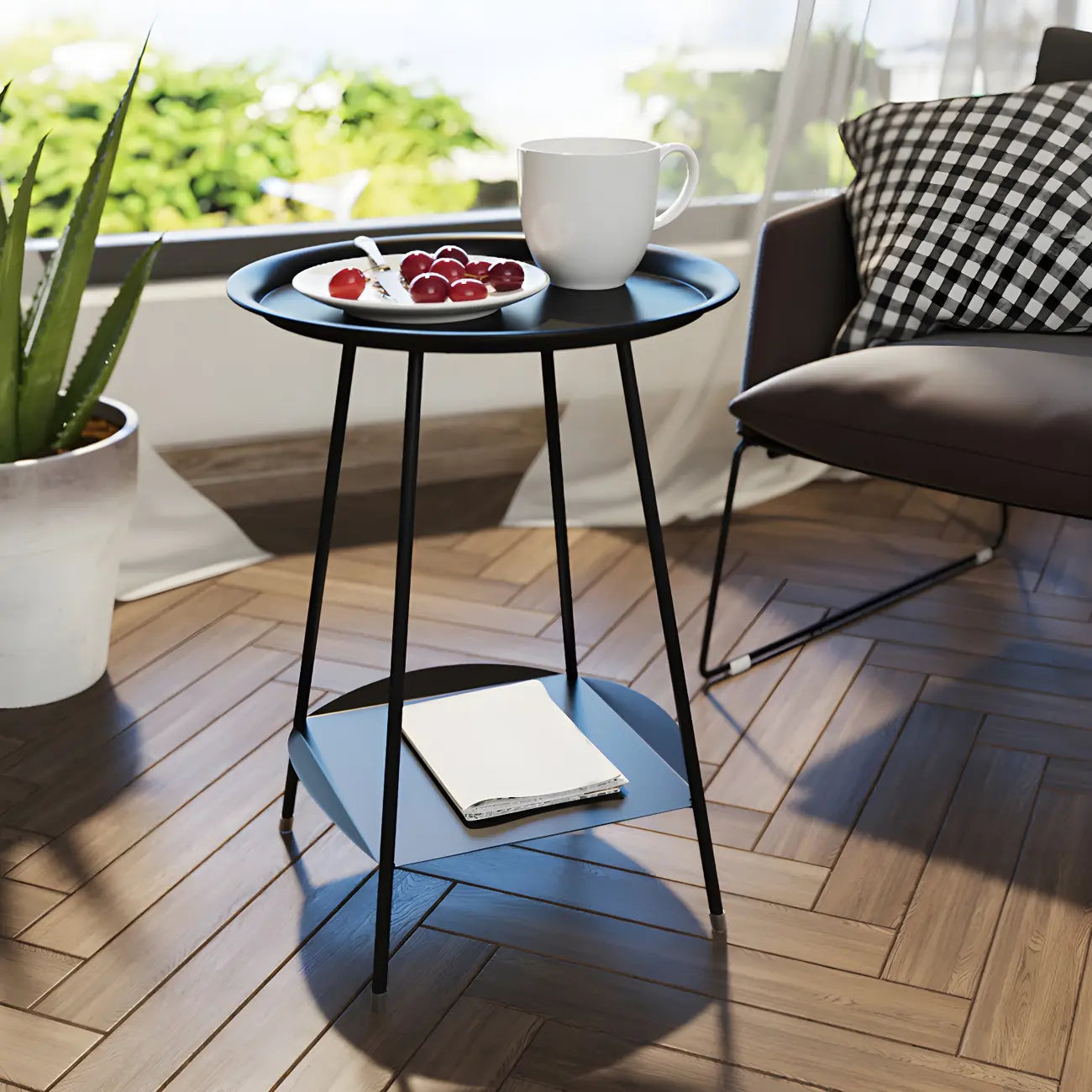 2-Tier Black Metal Side Table with Tray Top and Storage