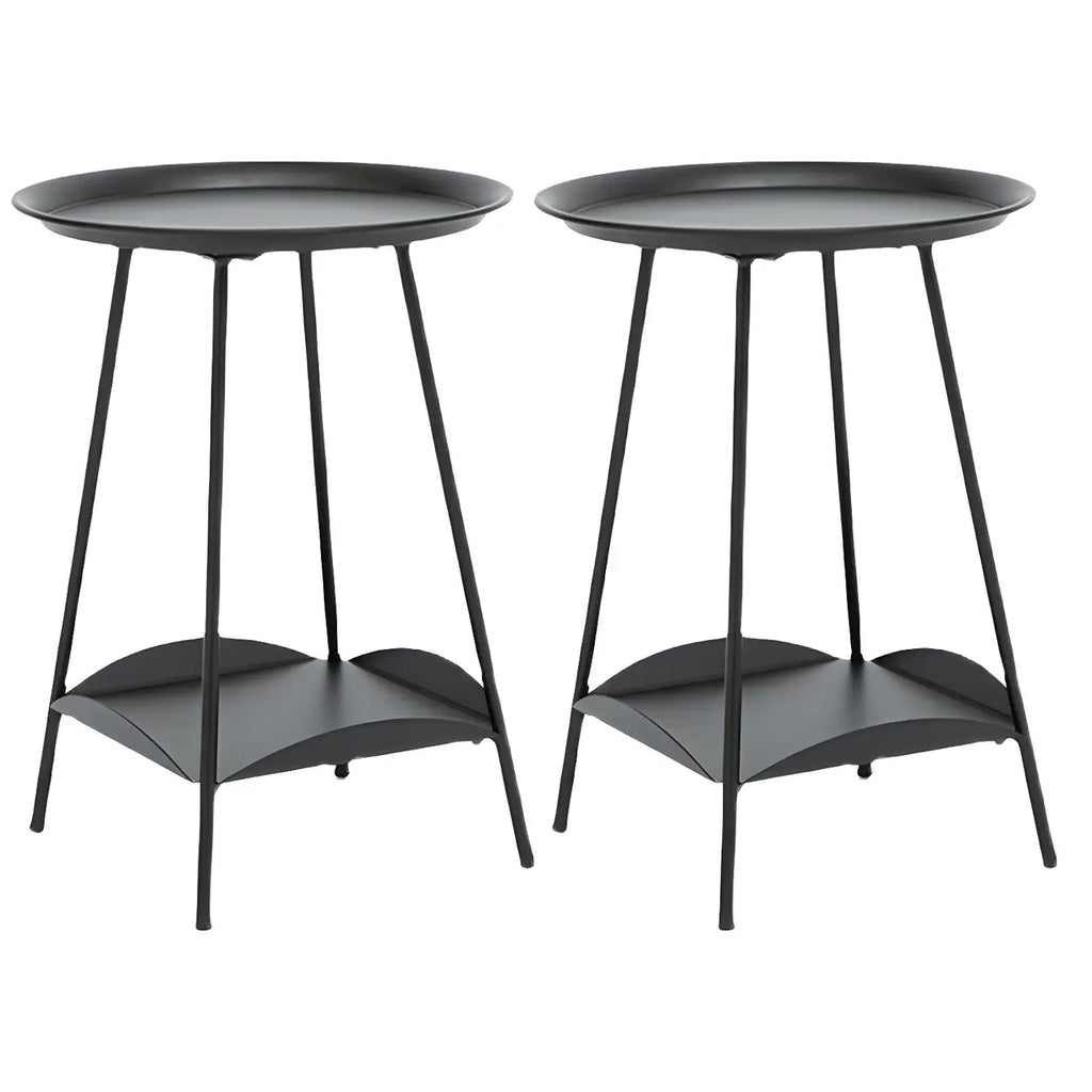 2-Tier Black Metal Side Table with Tray Top and Storage