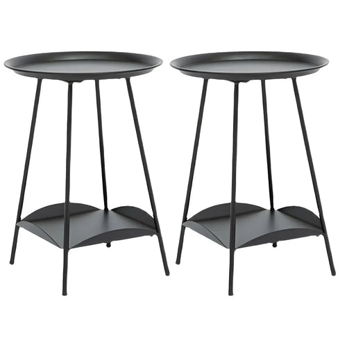 2-Tier Black Metal Side Table with Tray Top and Storage
