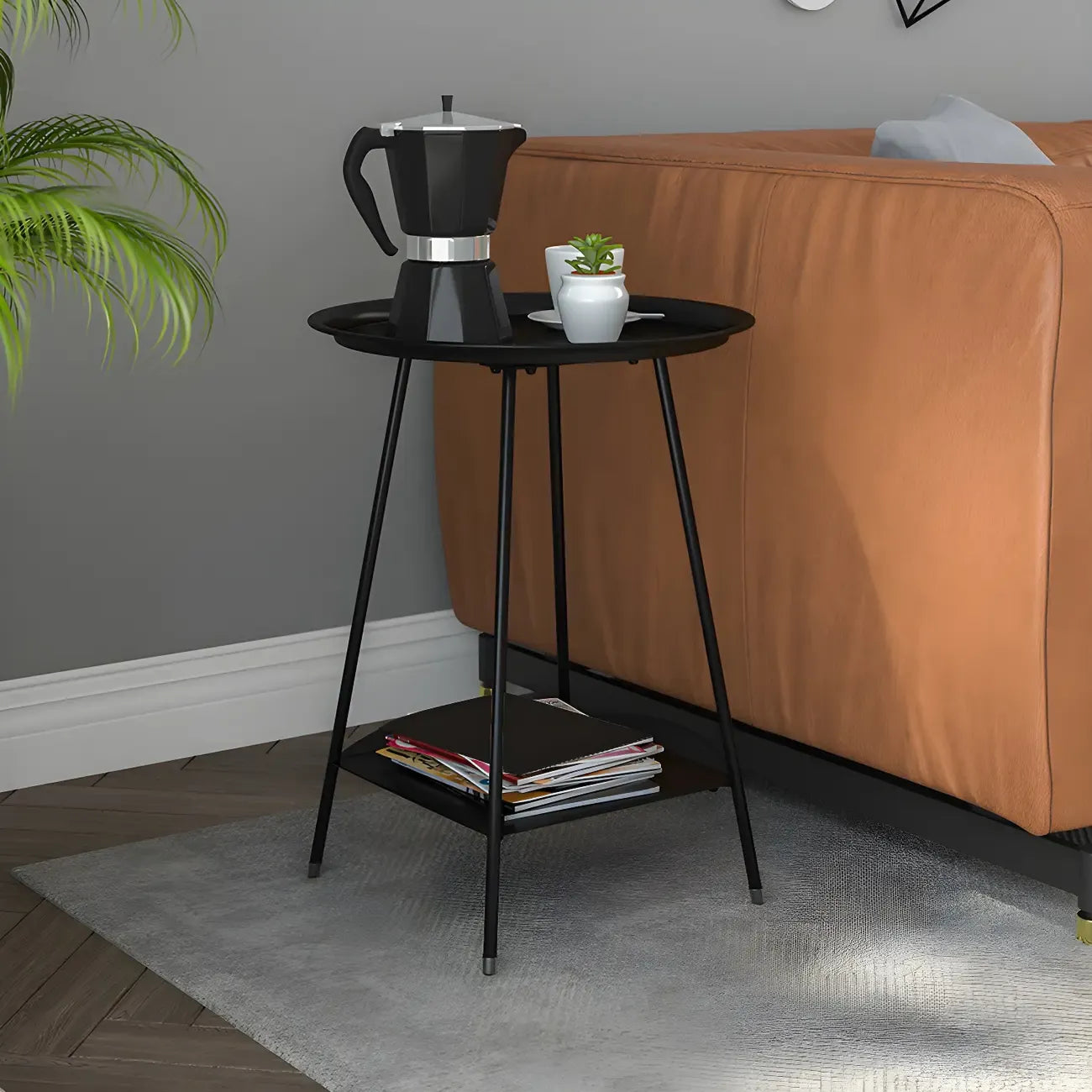 2-Tier Black Metal Side Table with Tray Top and Storage