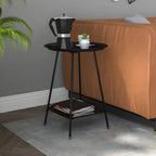 2-Tier Black Metal Side Table with Tray Top and Storage