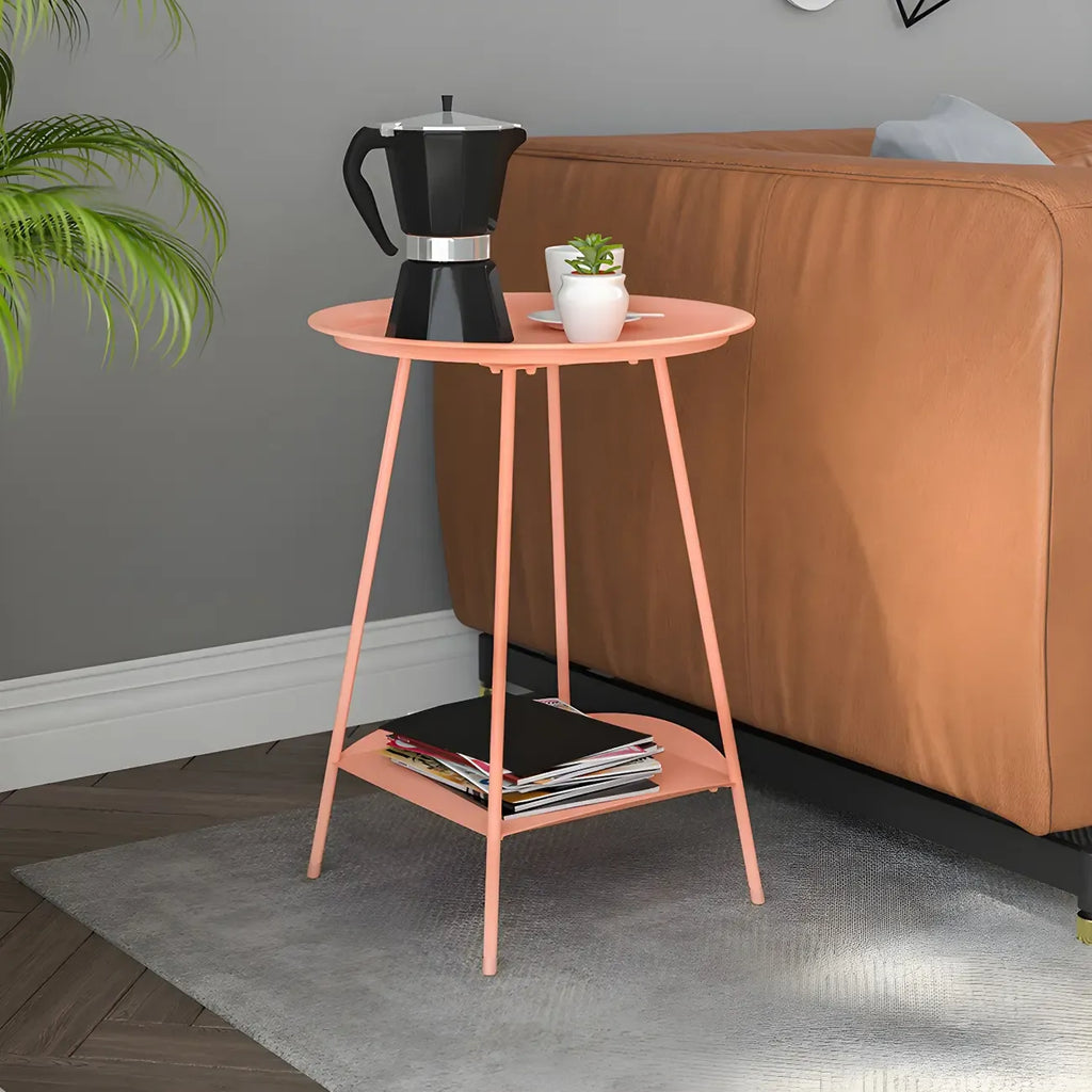 2-Tier Black Metal Side Table with Tray Top and Storage