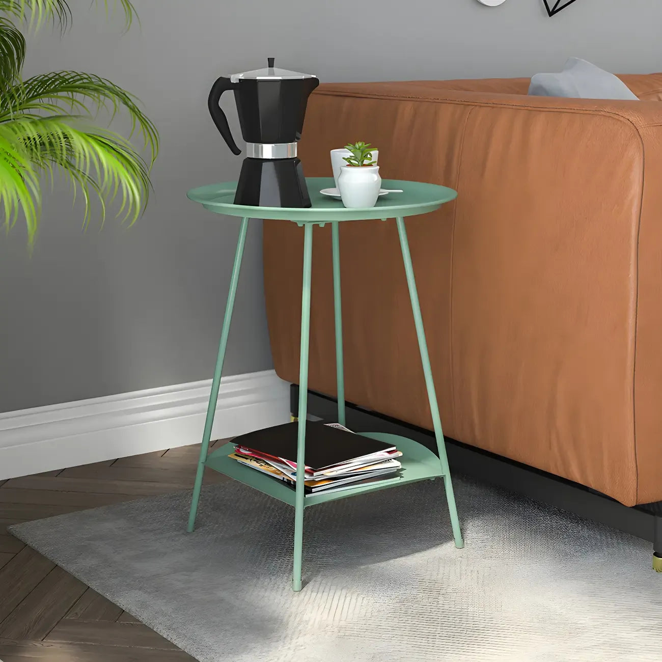 2-Tier Black Metal Side Table with Tray Top and Storage