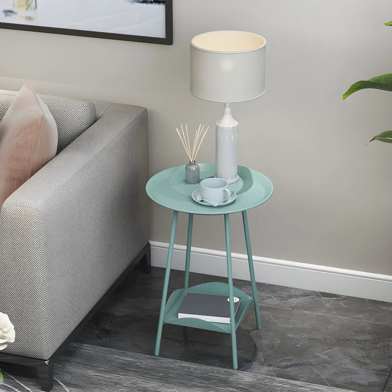 2-Tier Black Metal Side Table with Tray Top and Storage