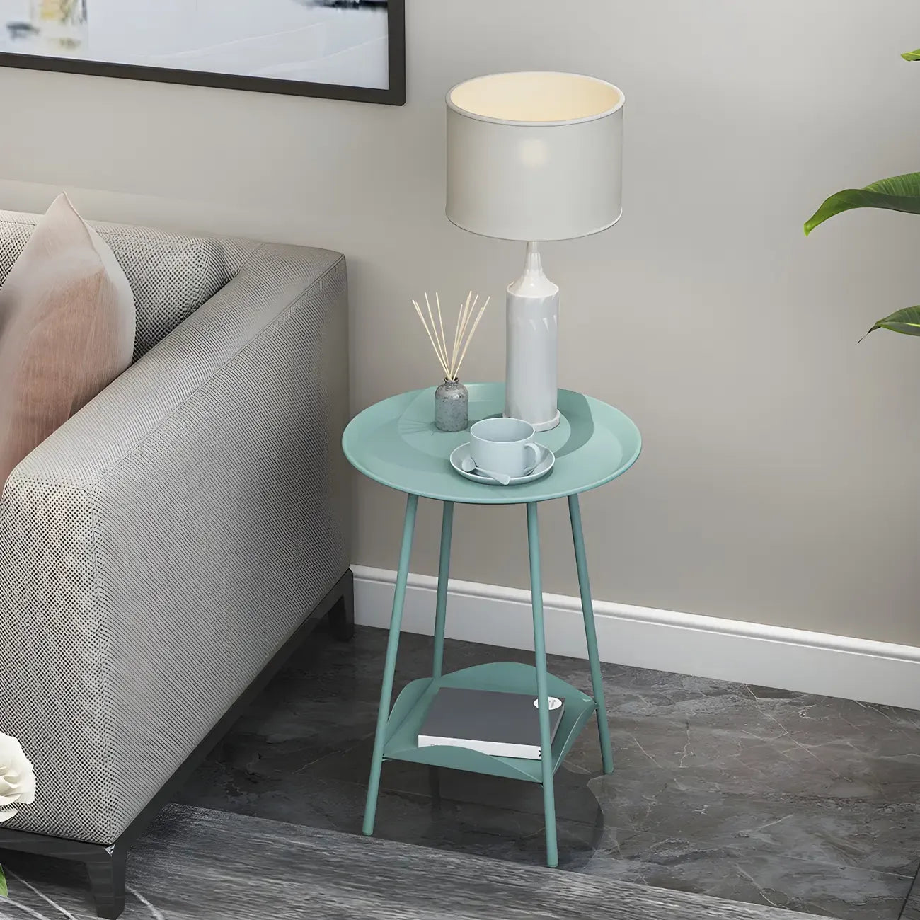 2-Tier Black Metal Side Table with Tray Top and Storage