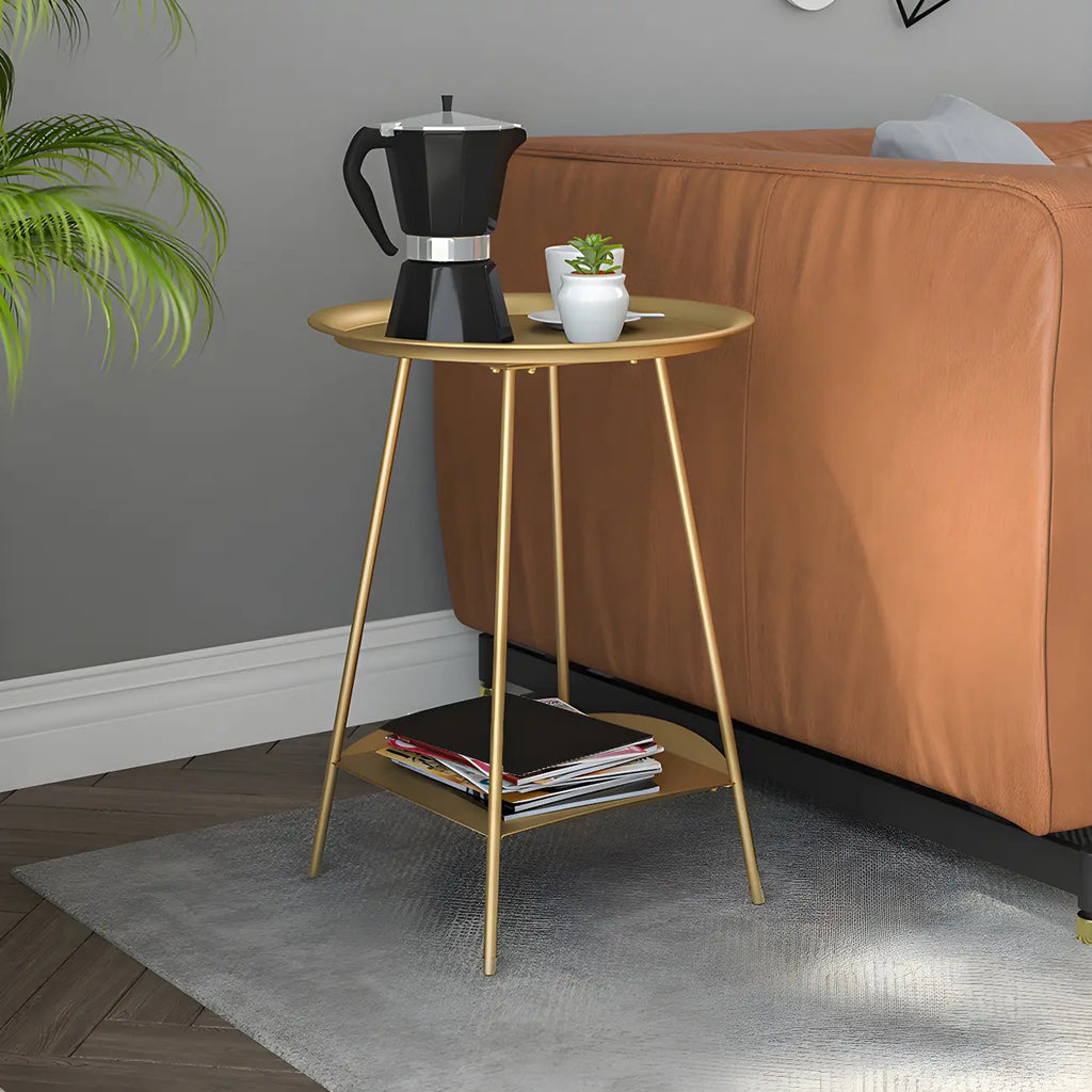 2-Tier Black Metal Side Table with Tray Top and Storage