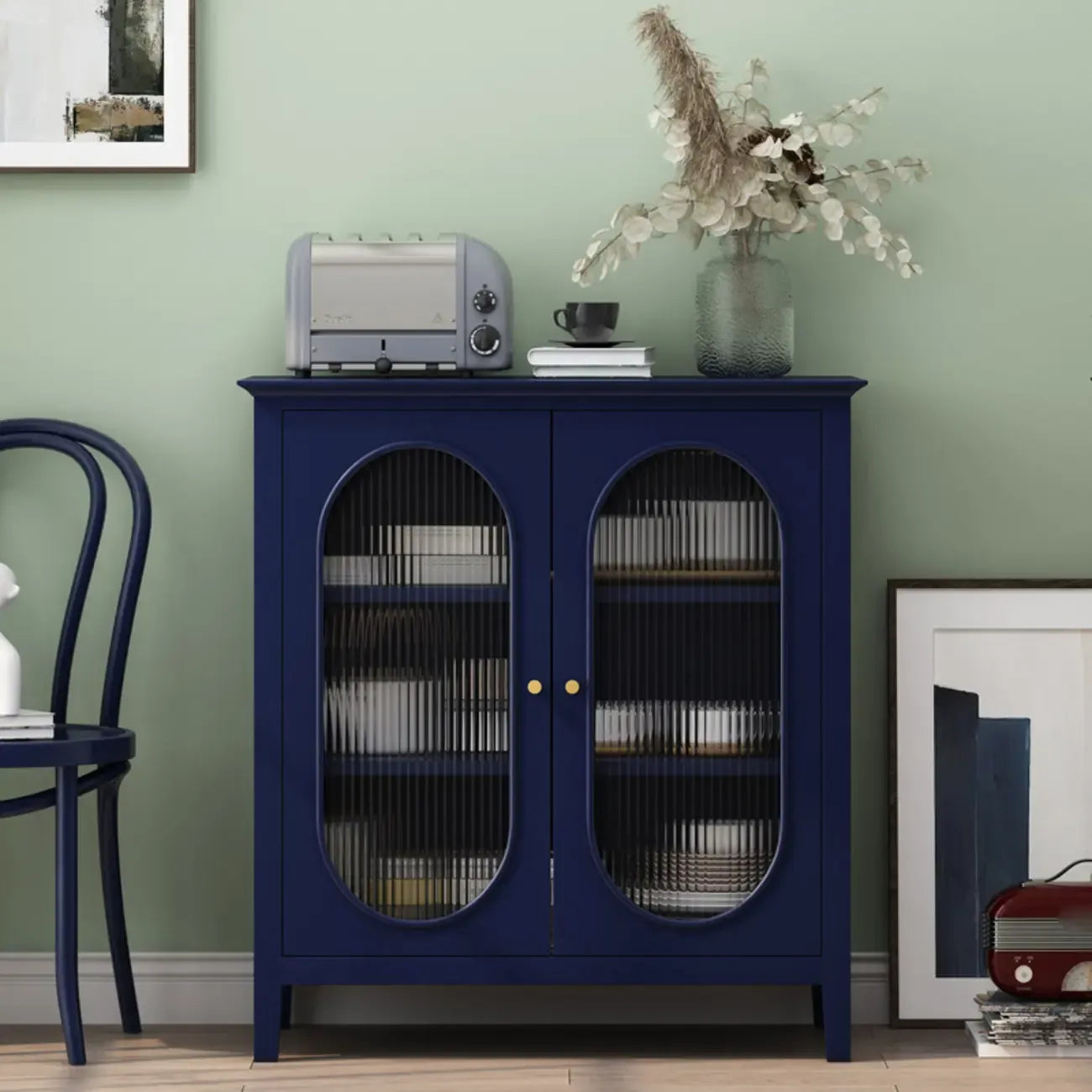 3 Tiers Modern Wood Rectangular Accent Cabinet  with Glass Door