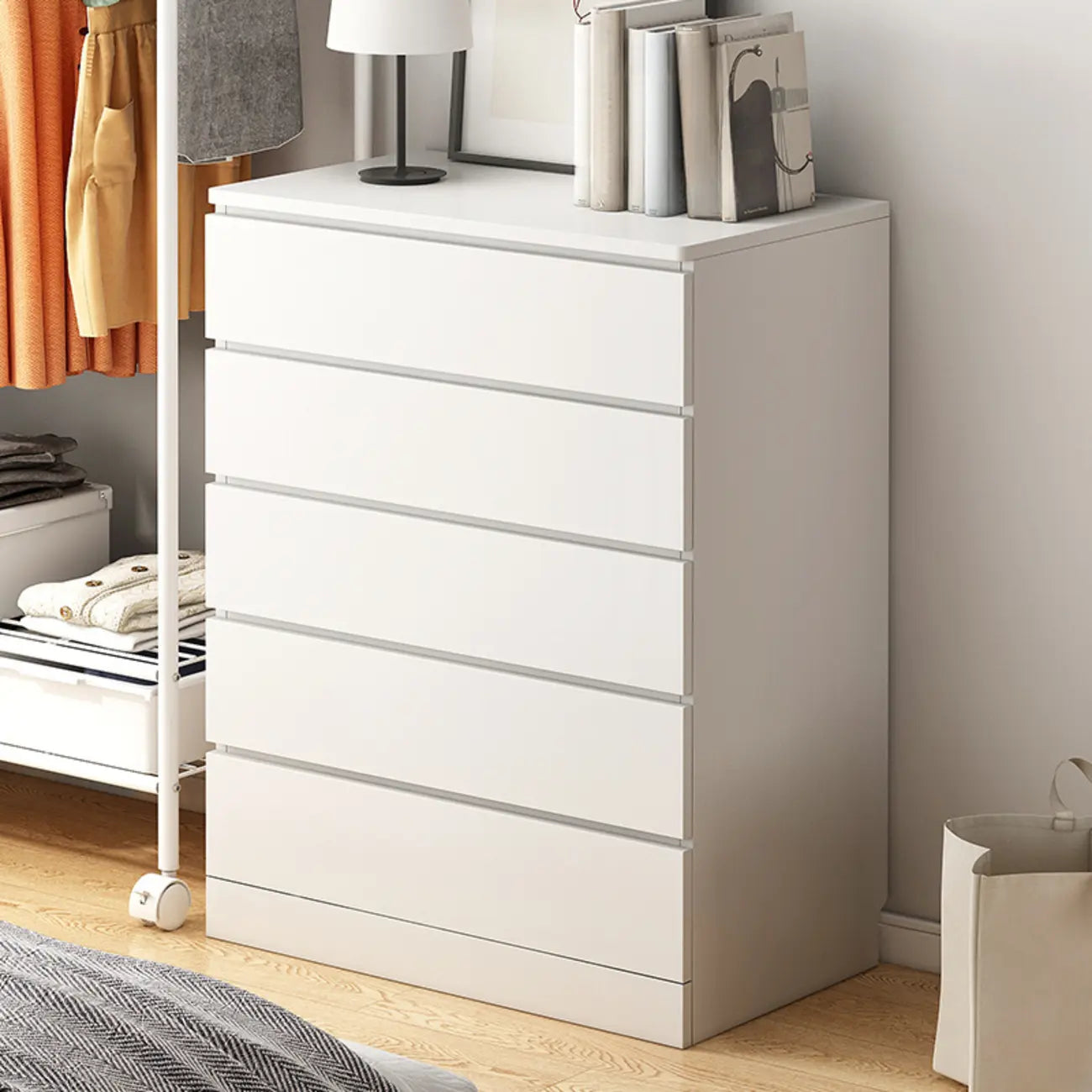 Free-Standing White Storage Cabinet with Drawers for Bedroom