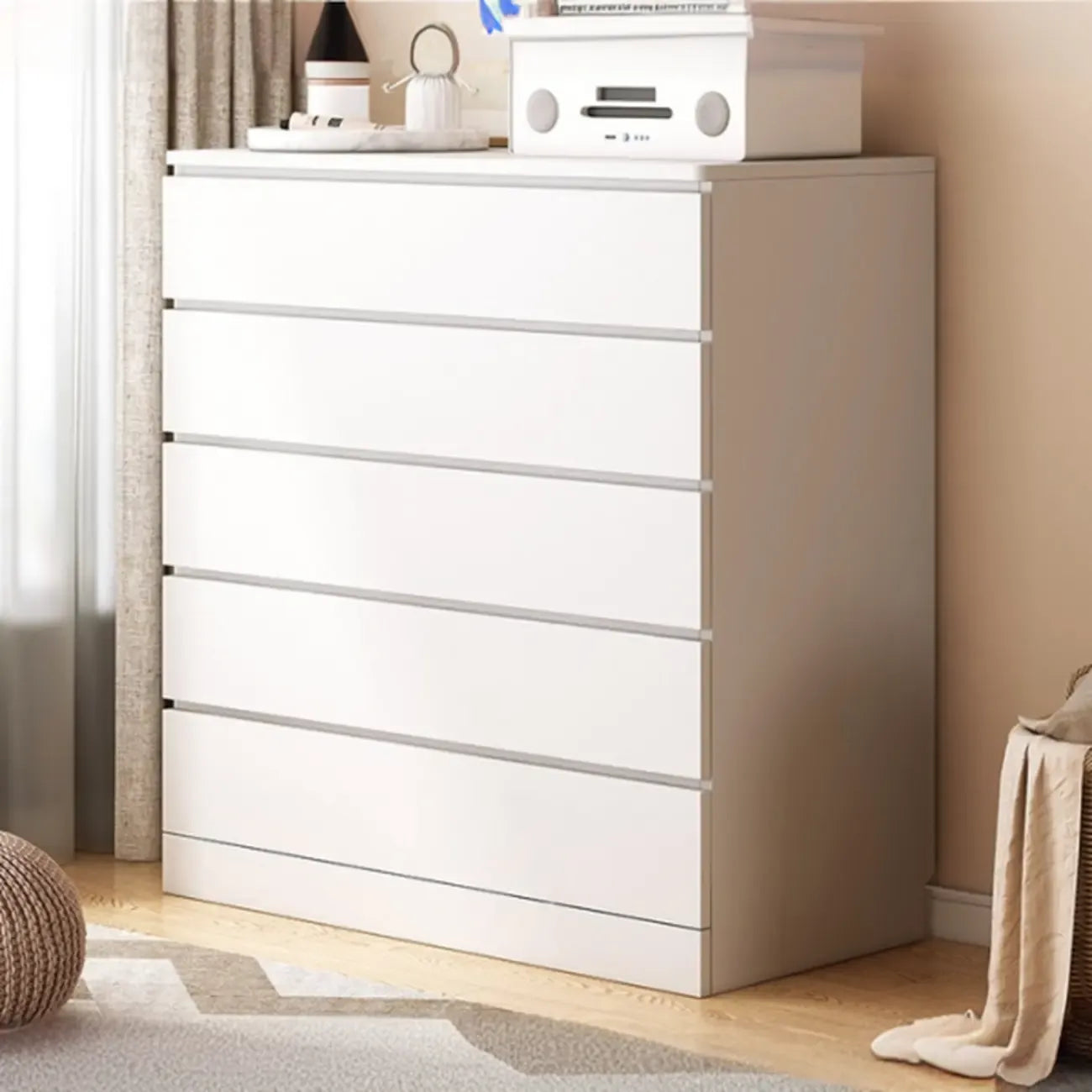 Free-Standing White Storage Cabinet with Drawers for Bedroom