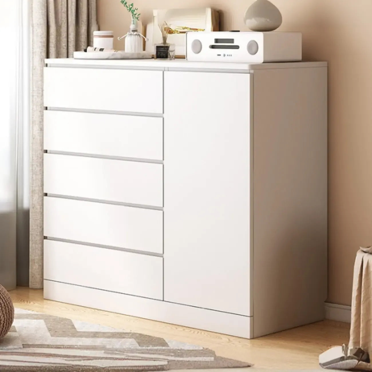 Free-Standing White Storage Cabinet with Drawers for Bedroom