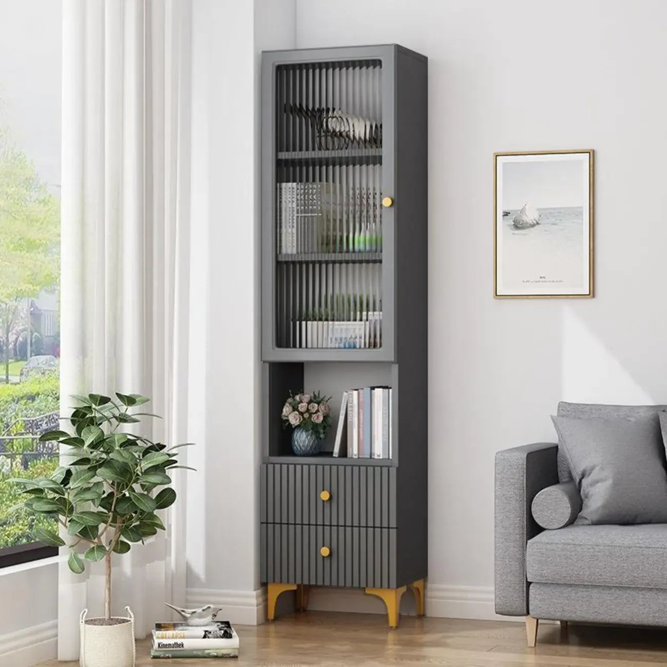 47‘’-71.5H Rectangular Wooden Display Cabinet with Glass Door