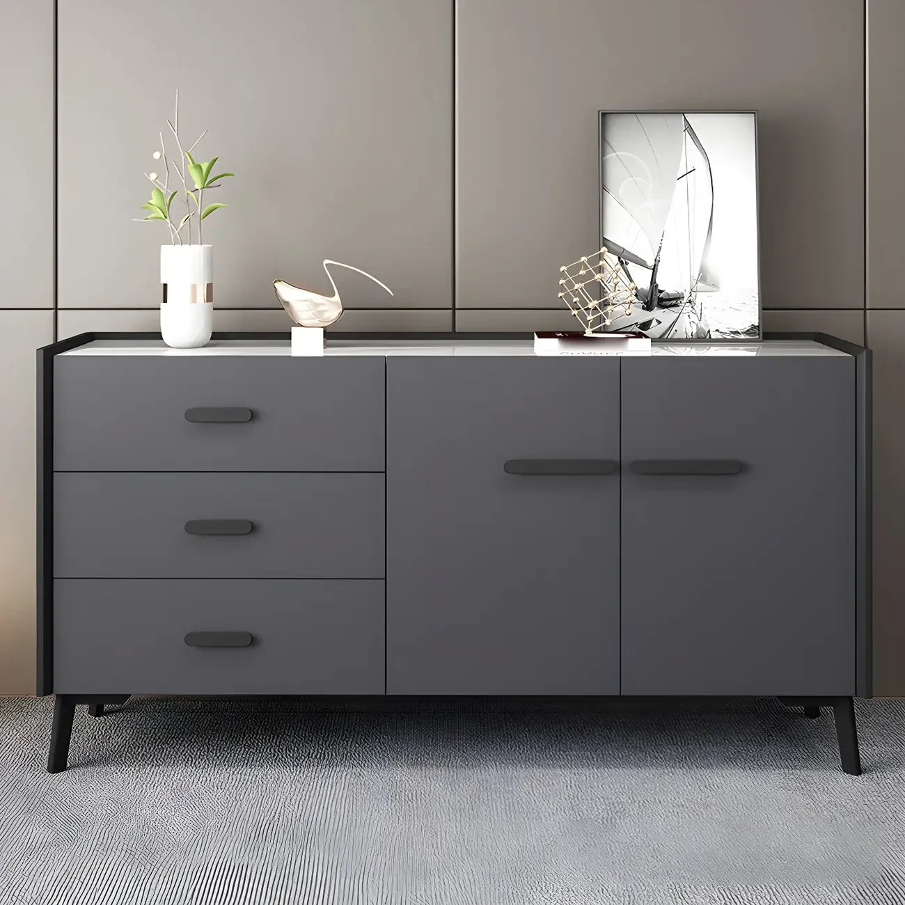 Modern Pine Sideboard with Drawers and Cabinets in Grey/Orange