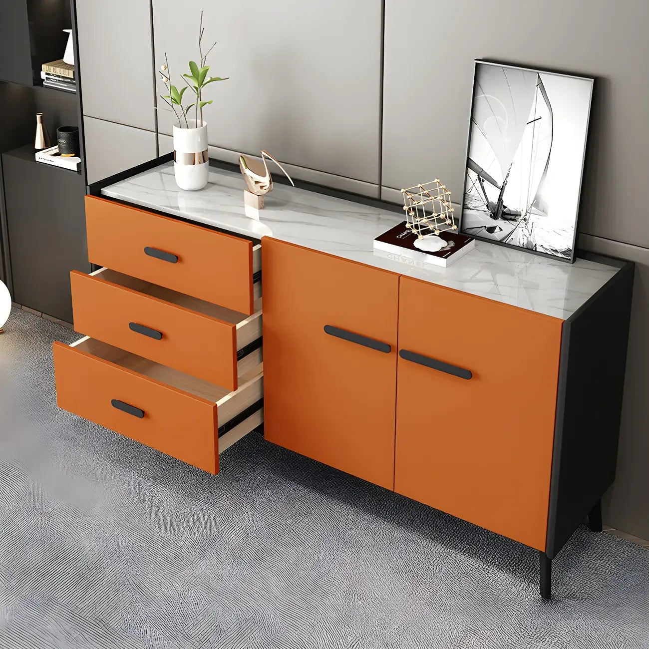 Modern Pine Sideboard with Drawers and Cabinets in Grey/Orange