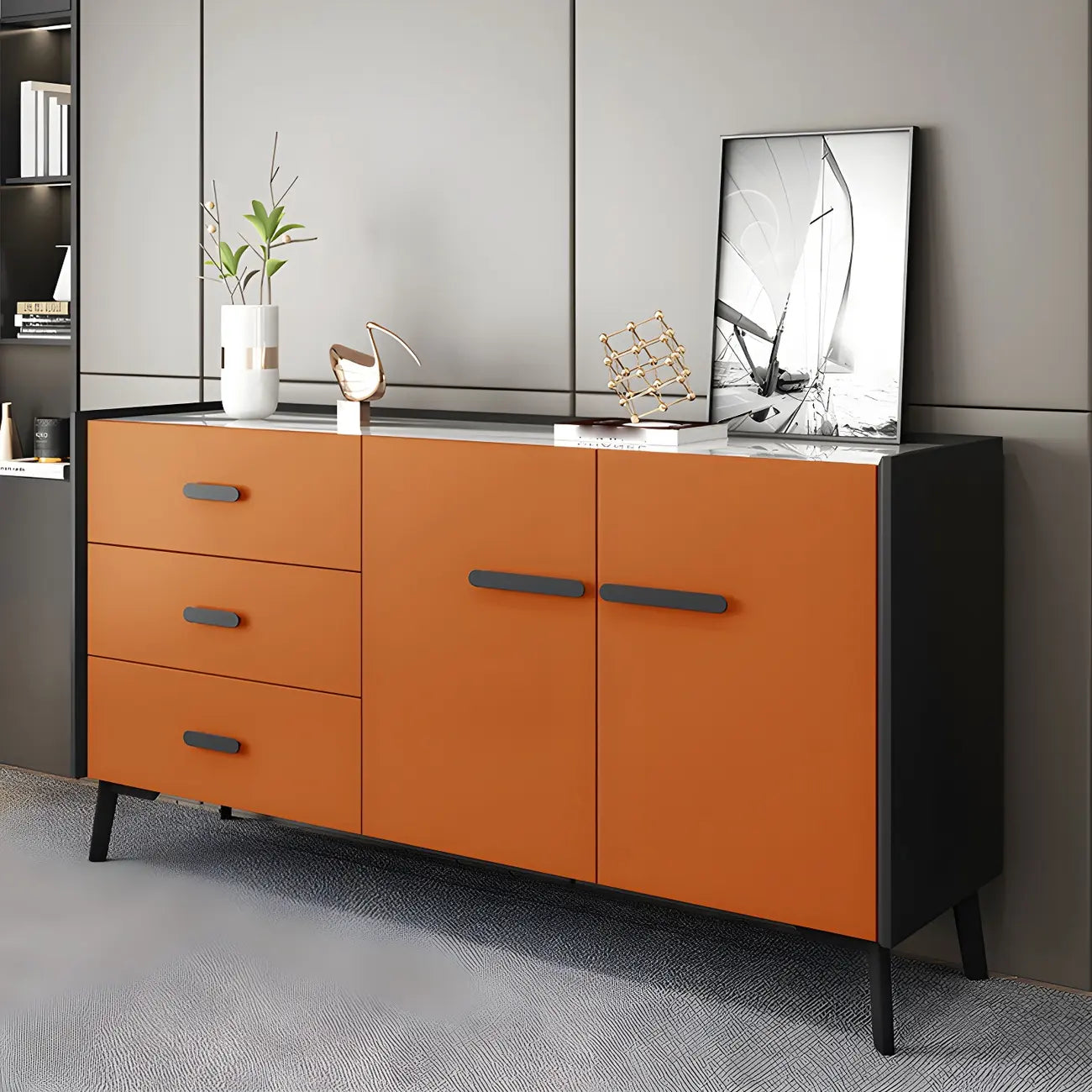 Modern Pine Sideboard with Drawers and Cabinets in Grey/Orange