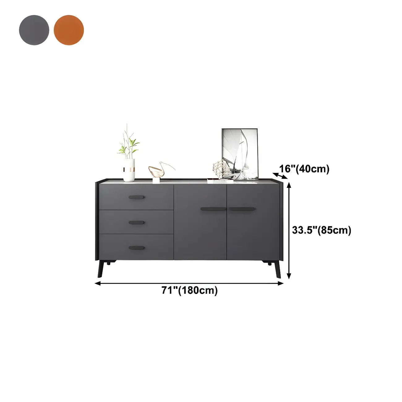 Modern Pine Sideboard with Drawers and Cabinets in Grey/Orange