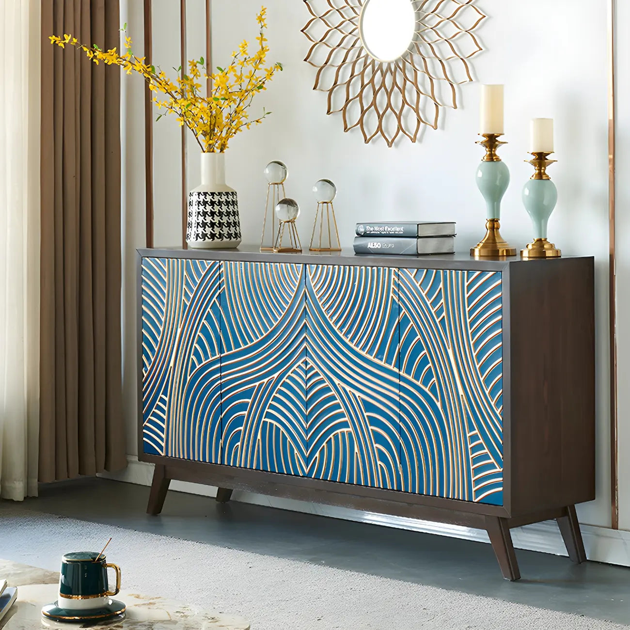 Modern Brown Birch Wood Buffet Sideboard with 2 Doors