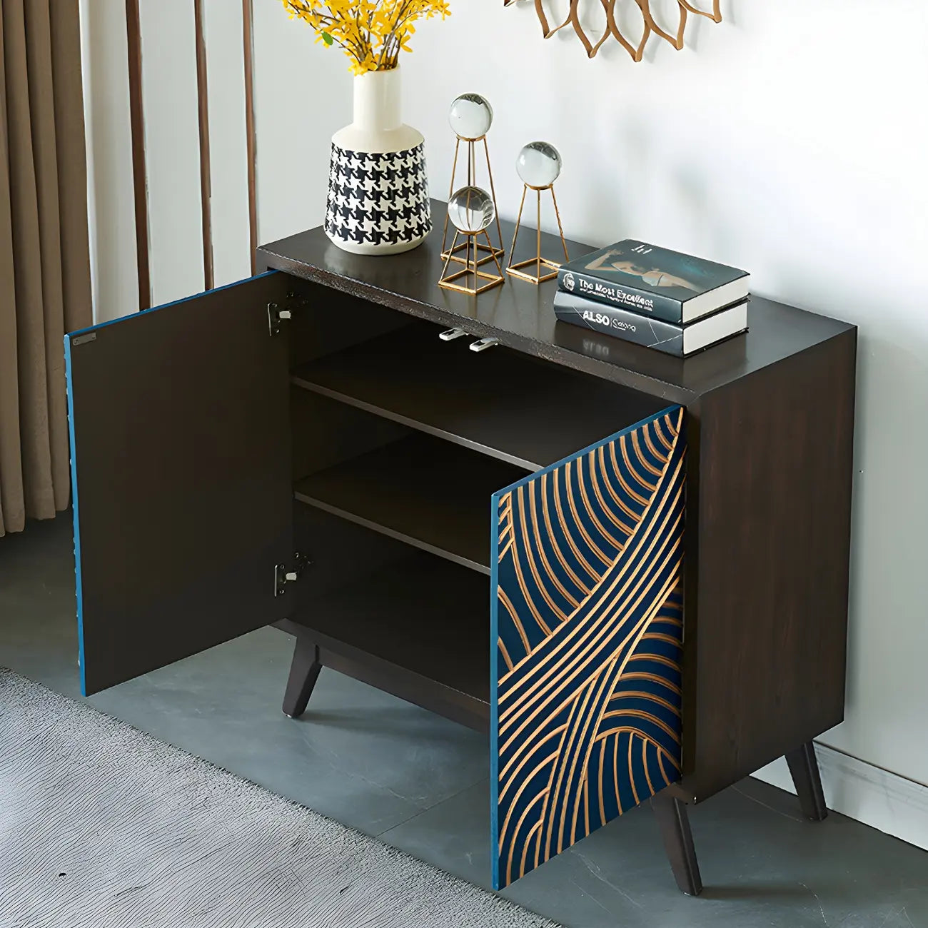Modern Brown Birch Wood Buffet Sideboard with 2 Doors