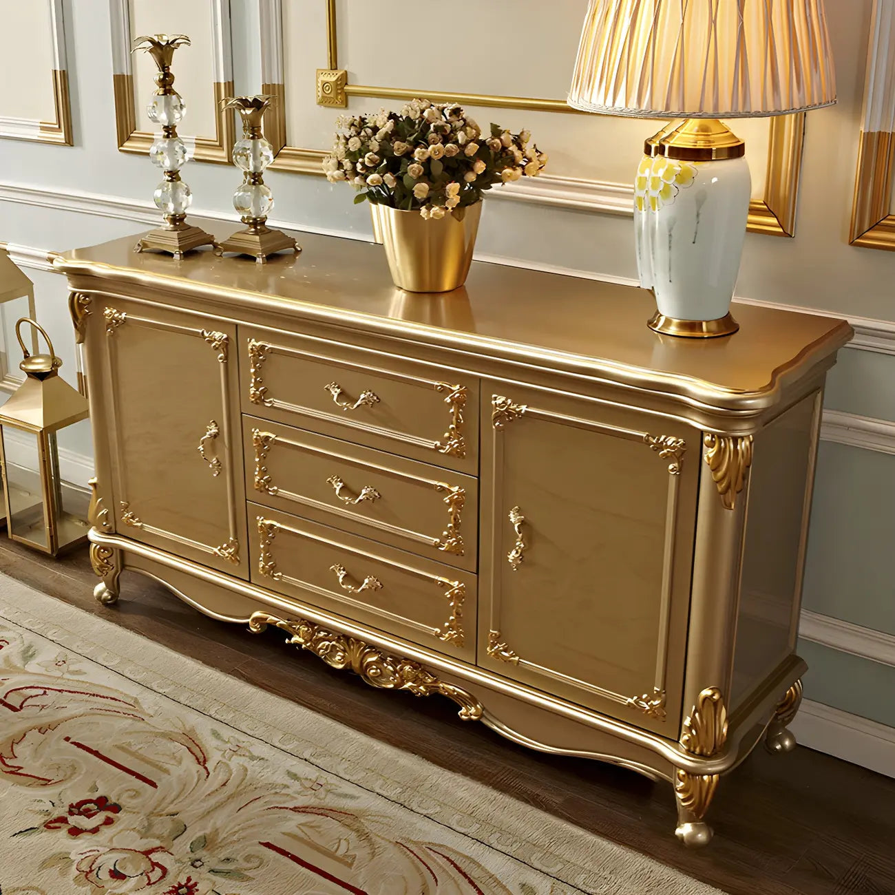 Luxury Gold Wooden Sideboard with Drawers and Doors