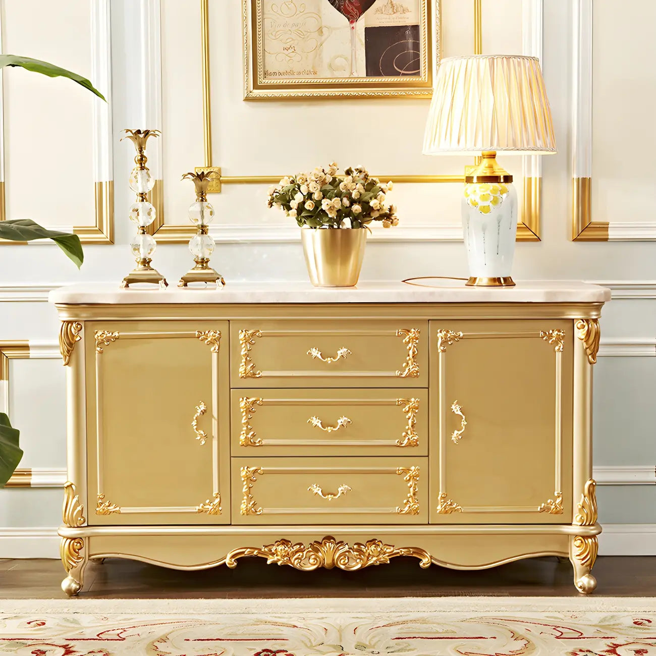 Luxury Gold Wooden Sideboard with Drawers and Doors