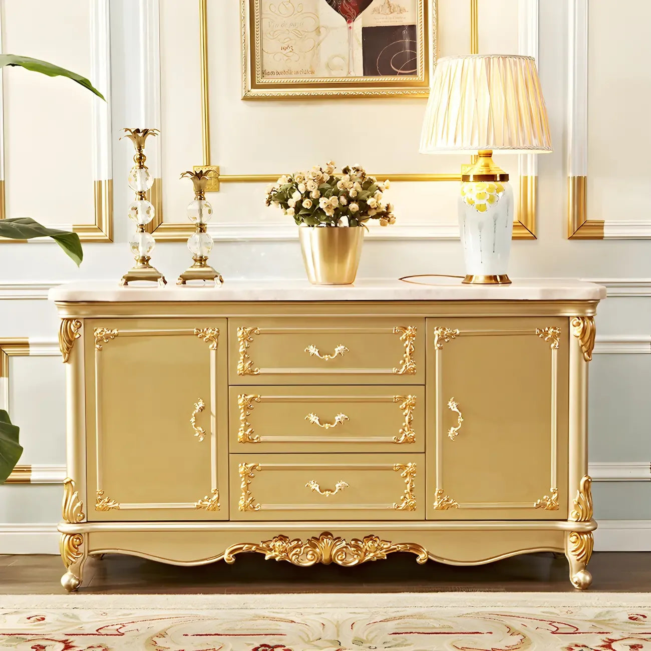 Luxury Gold Wooden Sideboard with Drawers and Doors