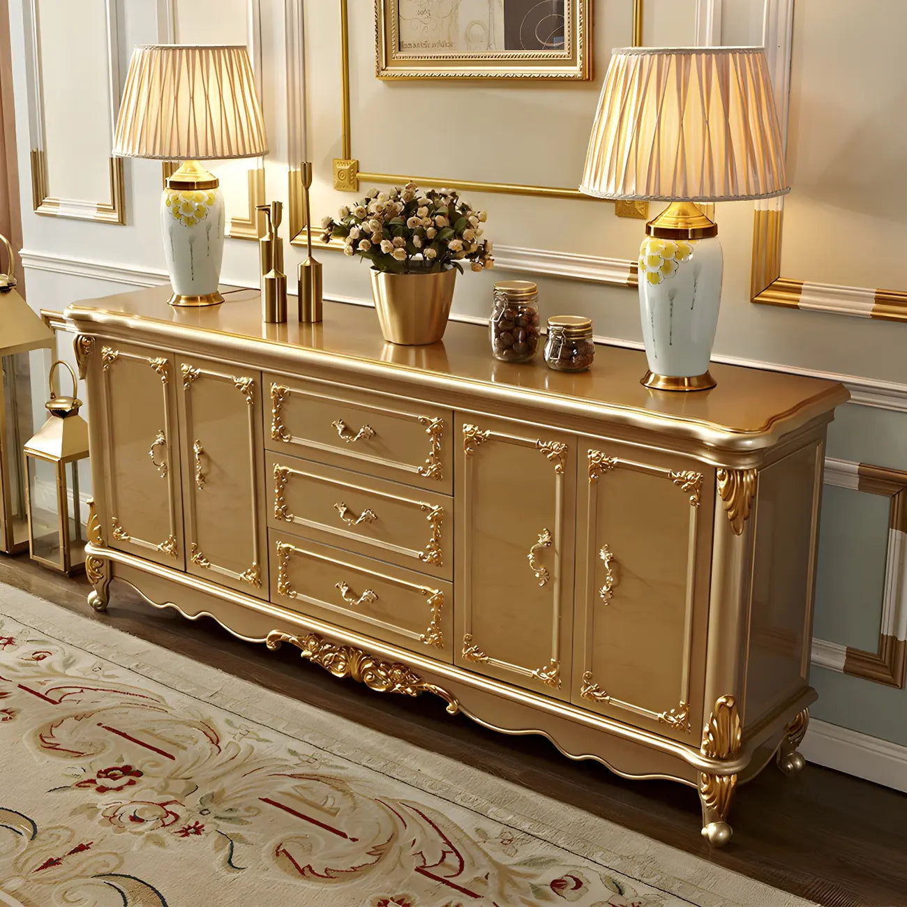 Luxury Gold Wooden Sideboard with Drawers and Doors