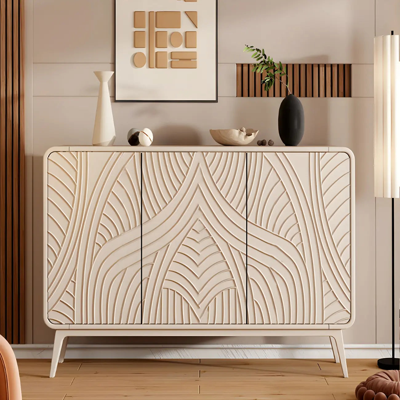 Modern White Wooden Sideboard with Artistic Doors
