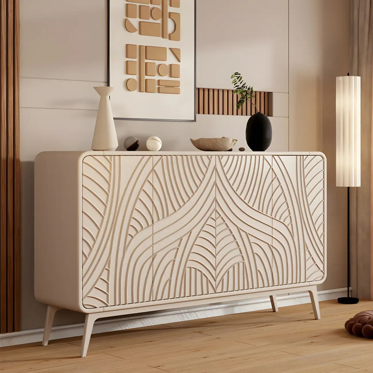 Modern White Wooden Sideboard with Artistic Doors