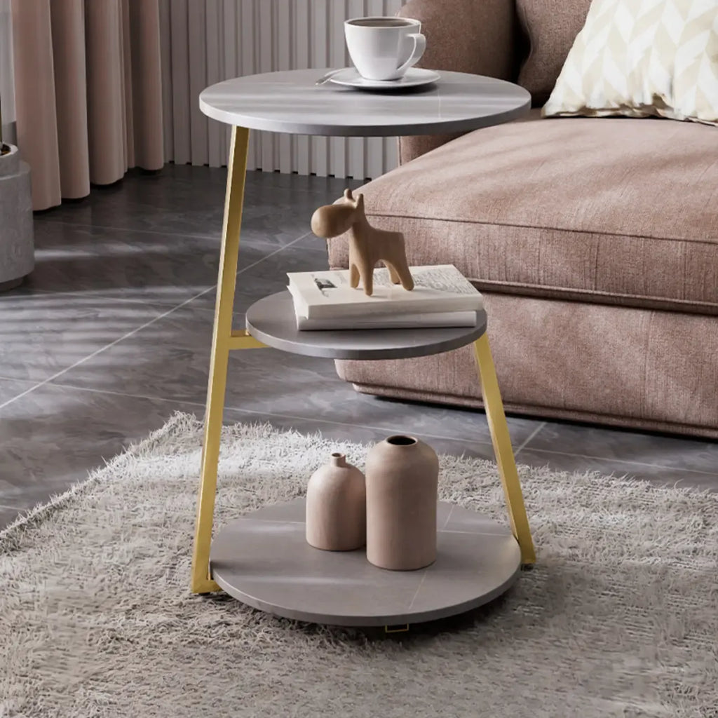 Modern Stone Round Side Table with 3-Tier Storage Shelves