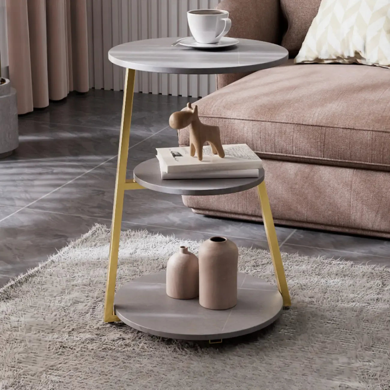 Modern Stone Round Side Table with 3-Tier Storage Shelves
