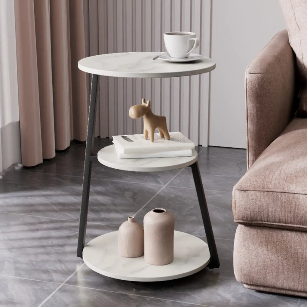 Modern Stone Round Side Table with 3-Tier Storage Shelves