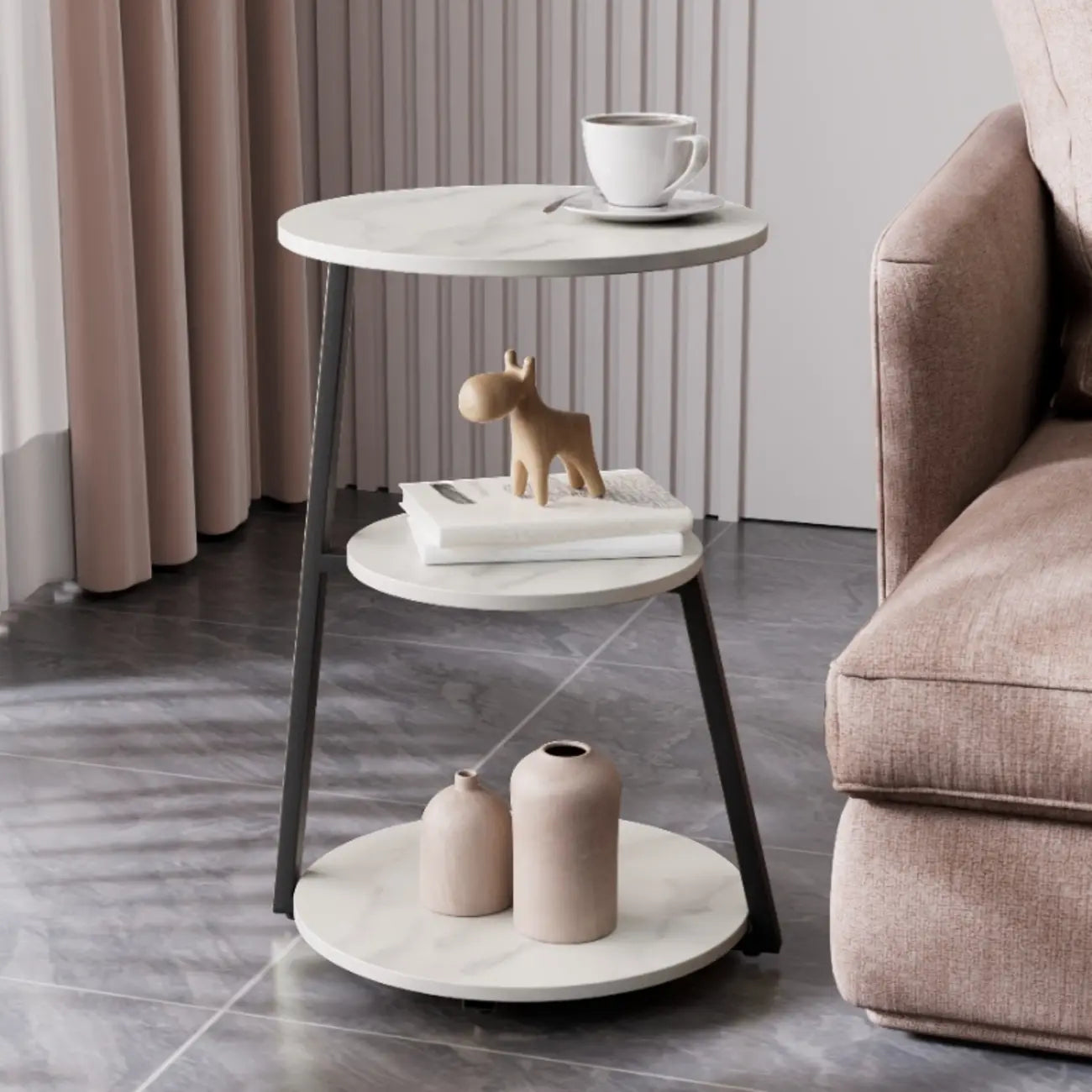 Modern Stone Round Side Table with 3-Tier Storage Shelves