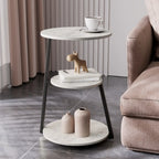 Modern Stone Round Side Table with 3-Tier Storage Shelves