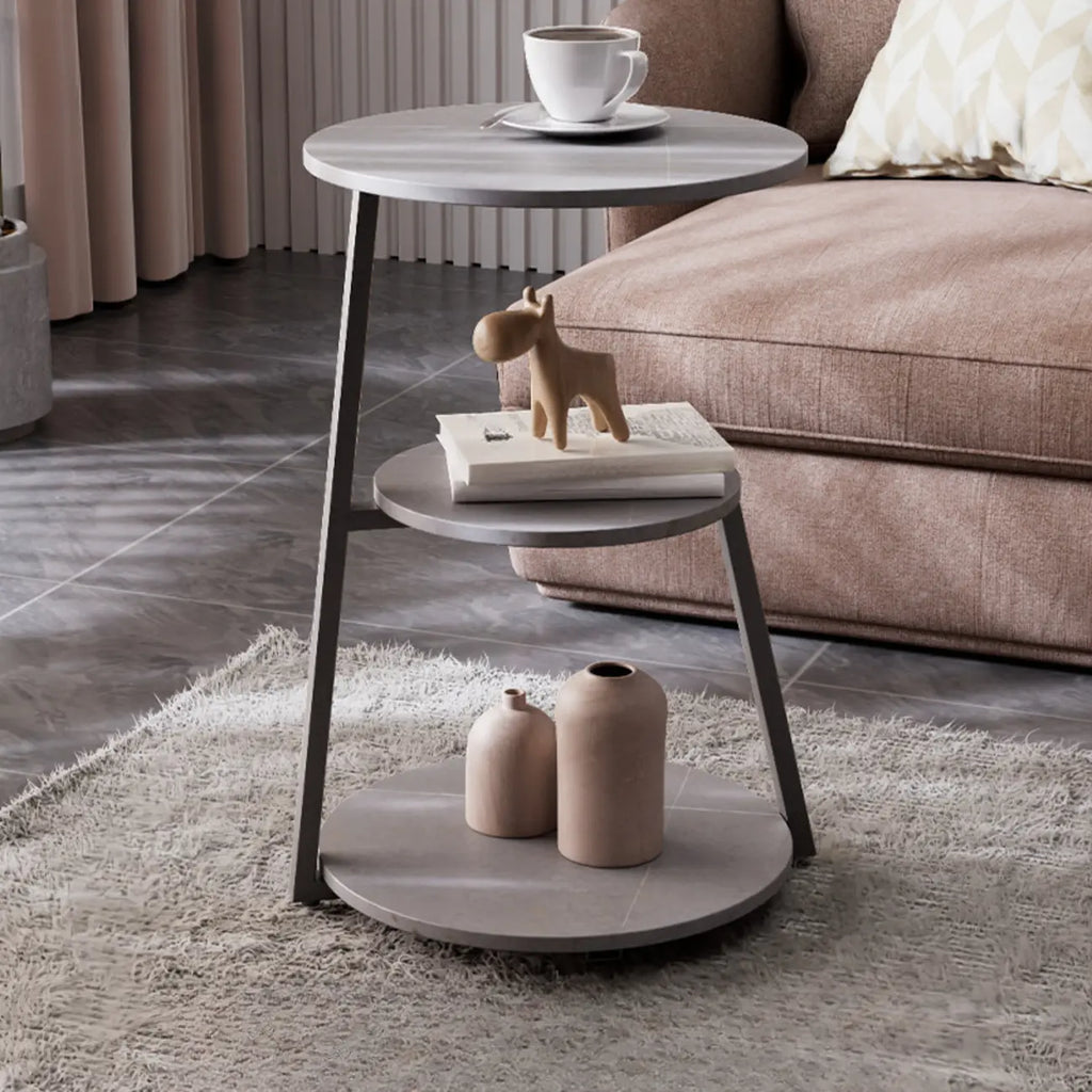 Modern Stone Round Side Table with 3-Tier Storage Shelves