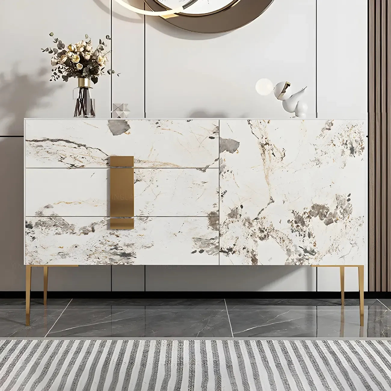 Artistic White Stone Top Buffet Table with Drawers