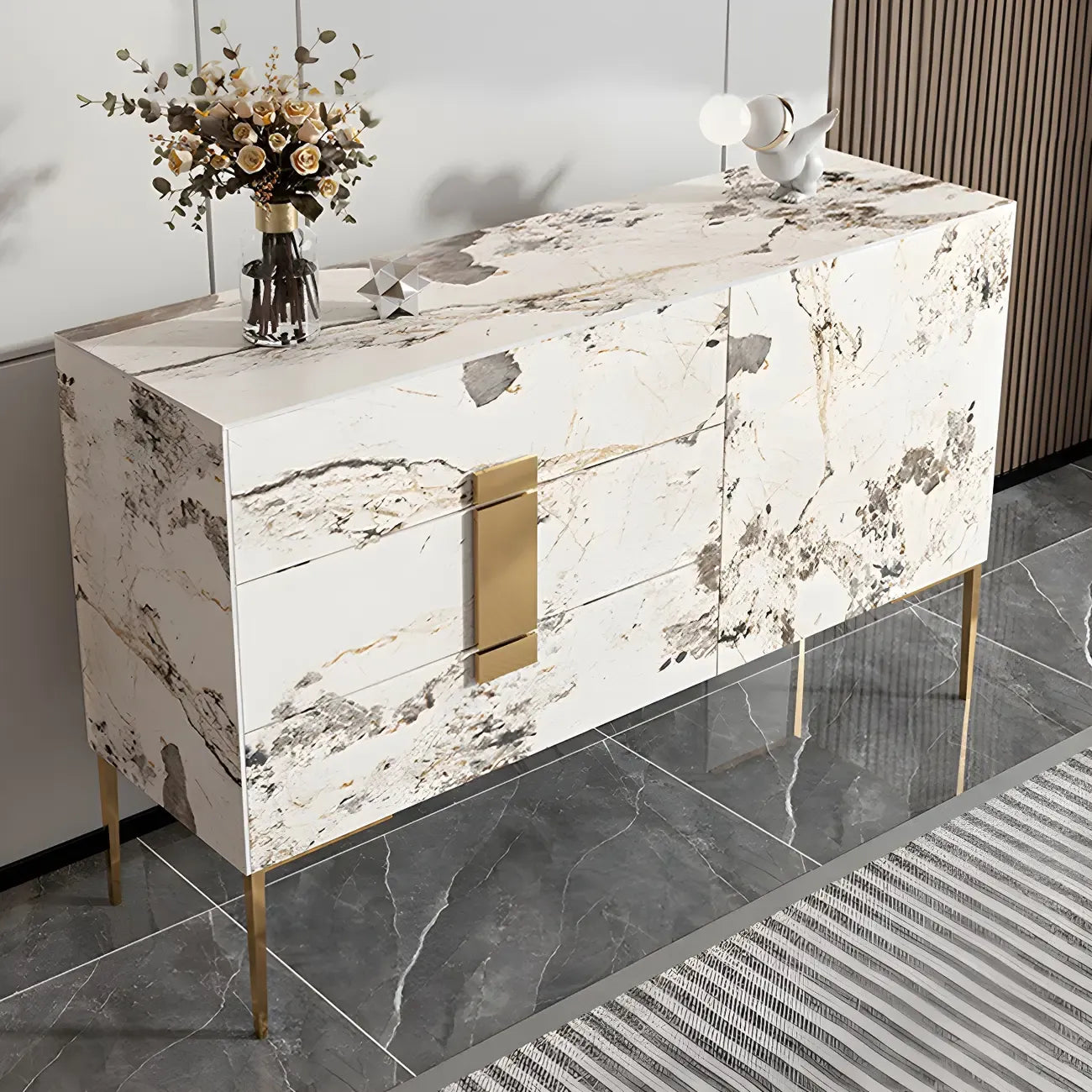 Artistic White Stone Top Buffet Table with Drawers