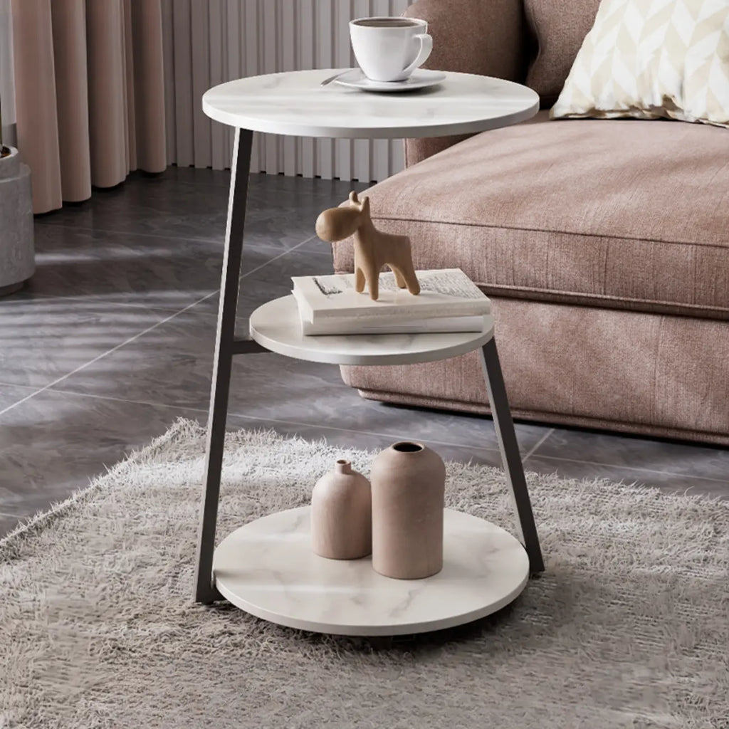 Modern Stone Round Side Table with 3-Tier Storage Shelves