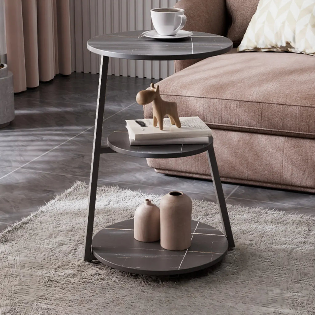 Modern Stone Round Side Table with 3-Tier Storage Shelves