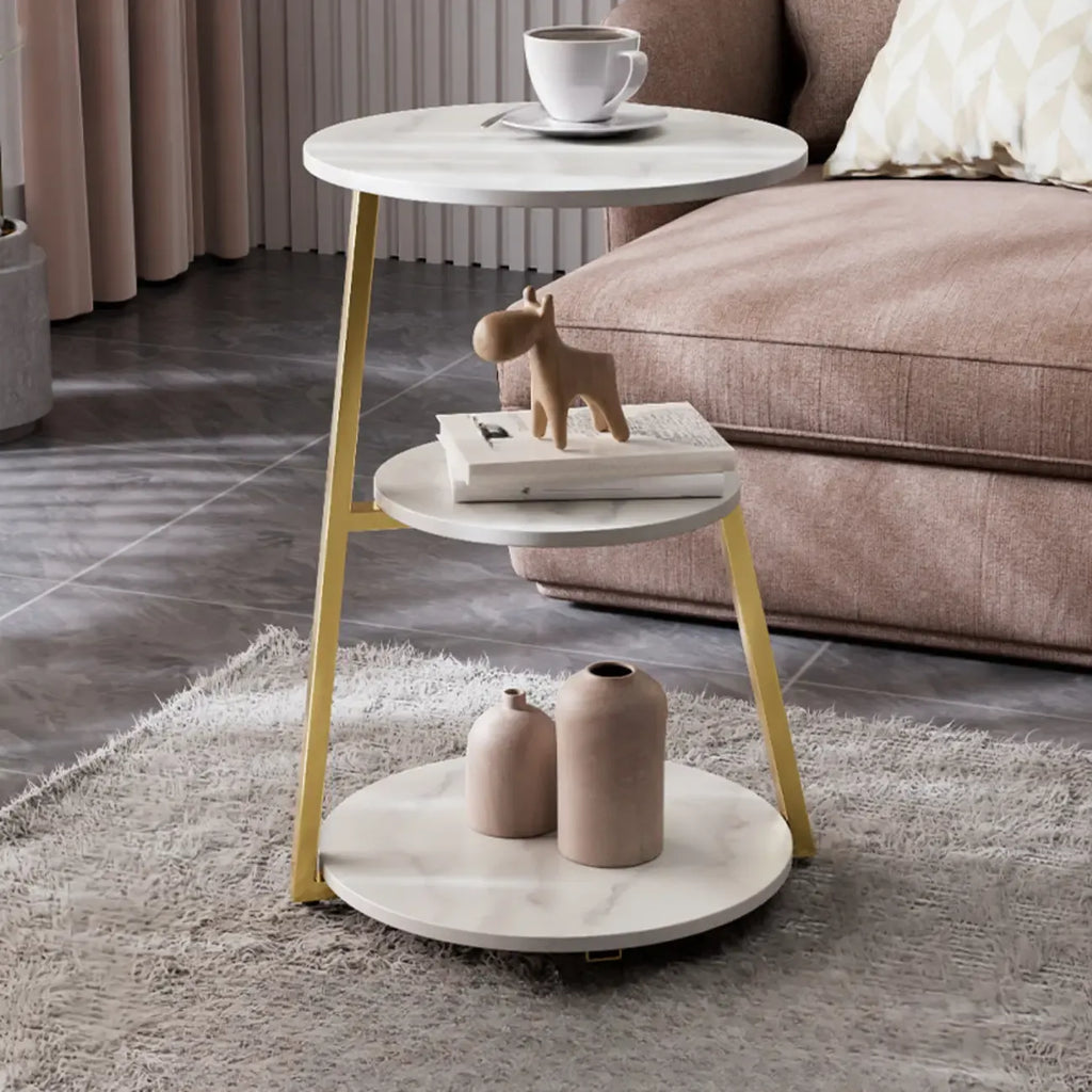Modern Stone Round Side Table with 3-Tier Storage Shelves