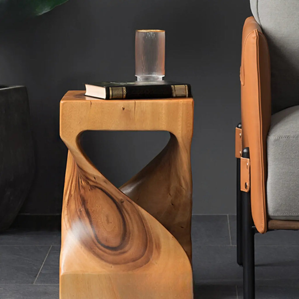 Sculpted Square Brown Solid Wood End Table for Small Space