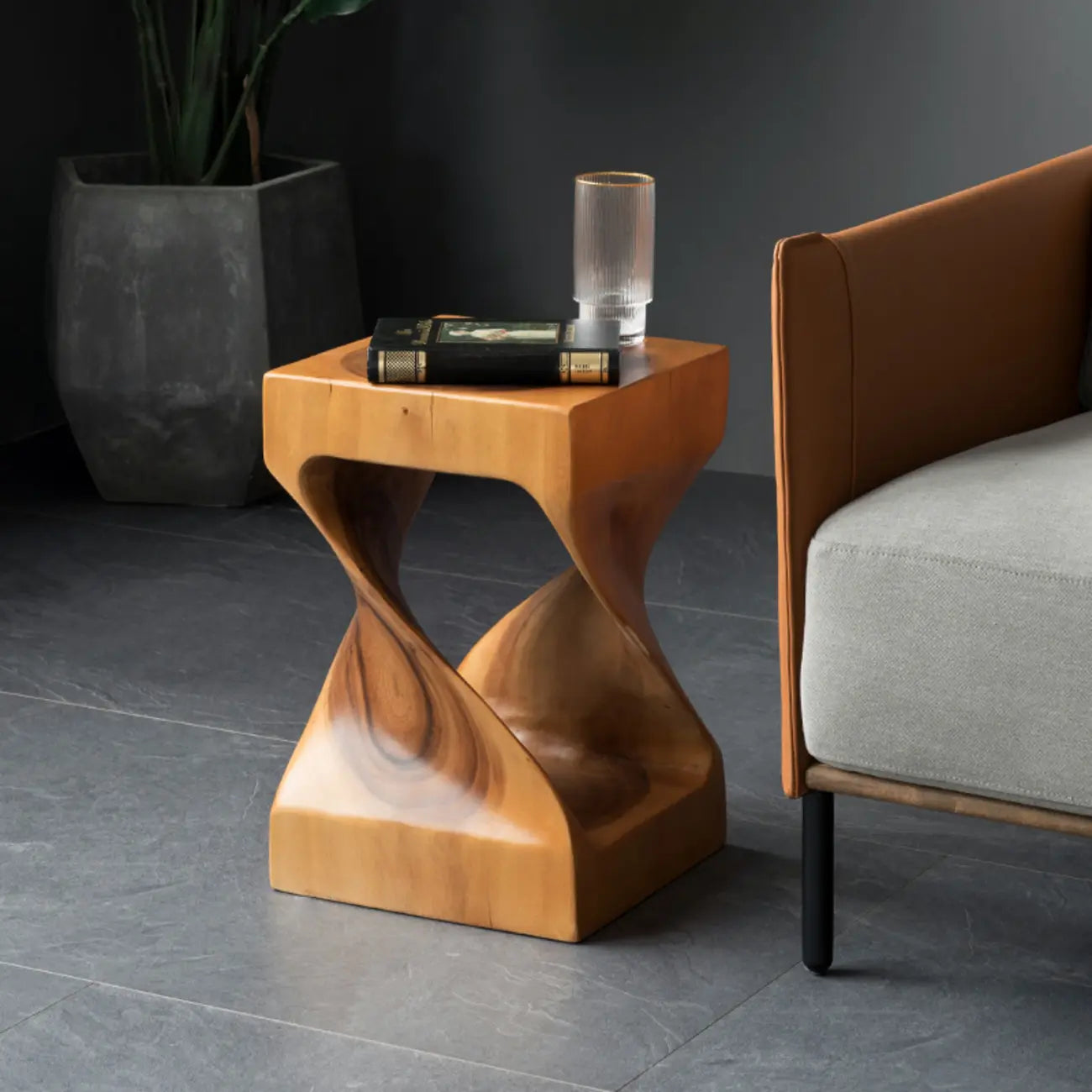Sculpted Square Brown Solid Wood End Table for Small Space