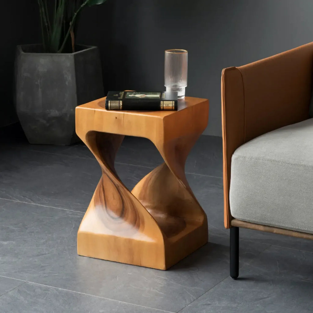 Sculpted Square Brown Solid Wood End Table for Small Space