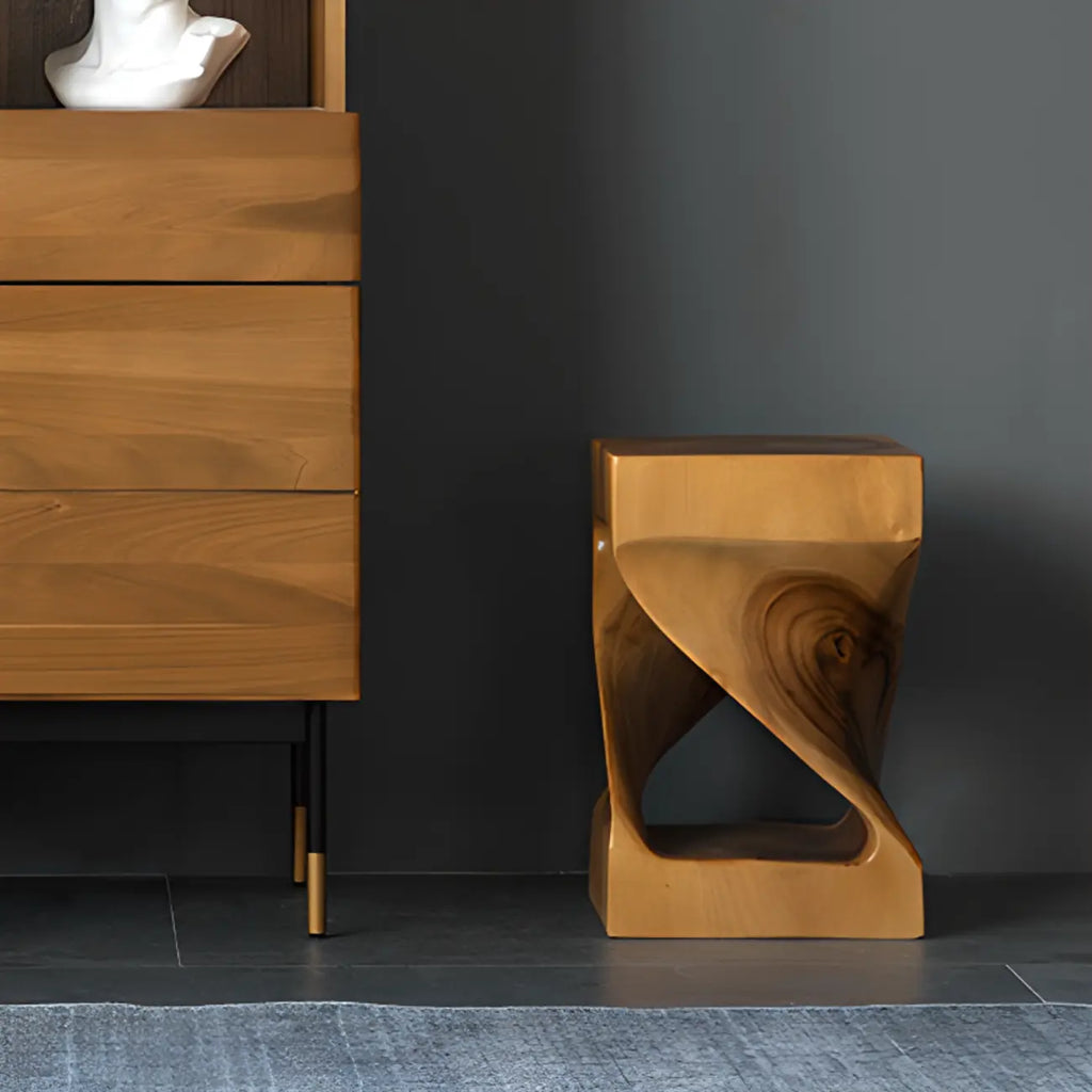 Sculpted Square Brown Solid Wood End Table for Small Space