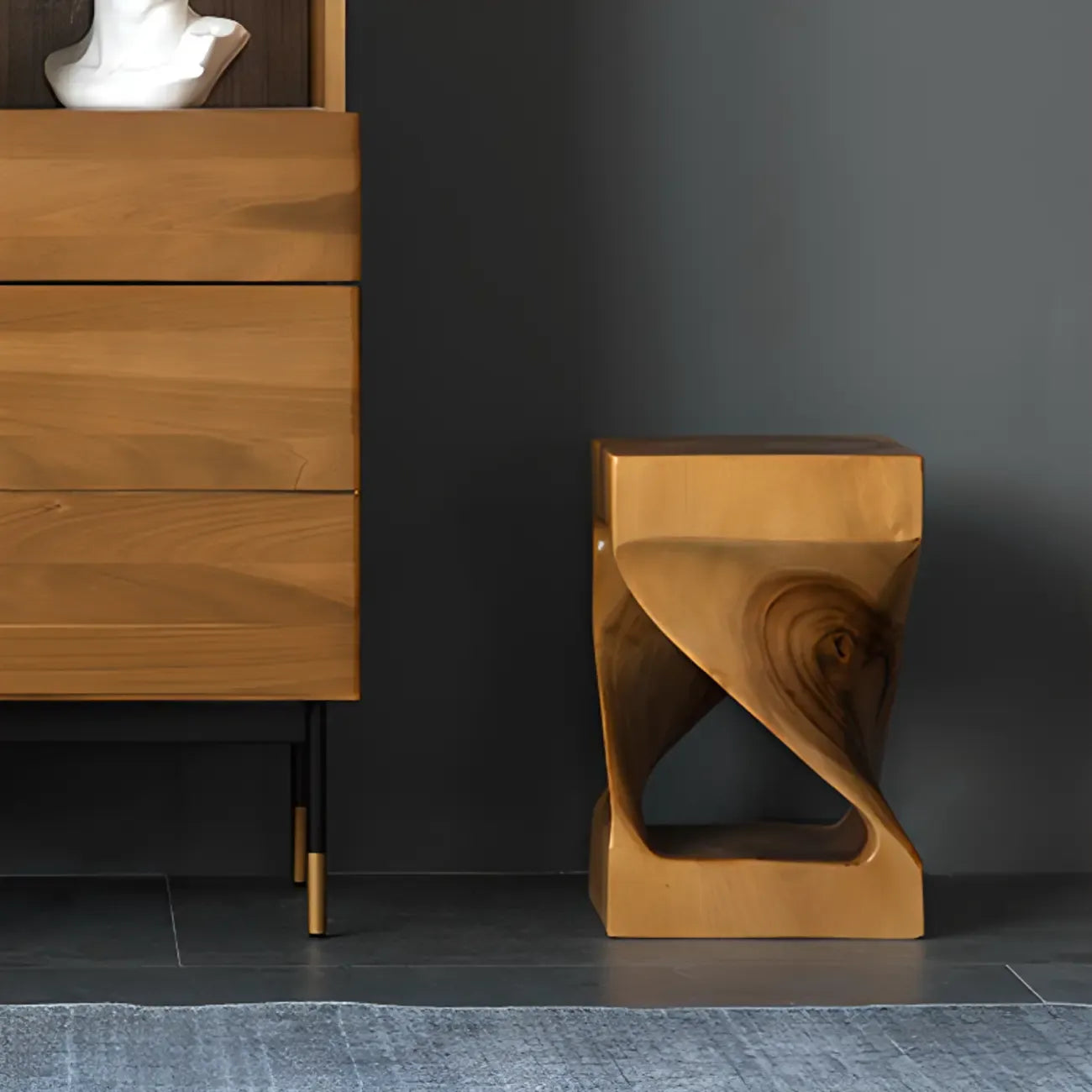 Sculpted Square Brown Solid Wood End Table for Small Space